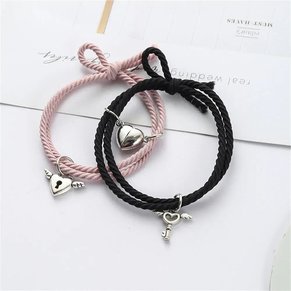 2pcs/Set Rope Braided Bracelet Trendy Alloy Magnet Attachment Couple Bracelet Simple Love Heart Black And White Bracelet Jewelry