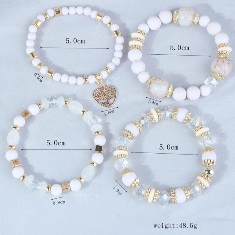 4 Pieces Stretch Beaded Bracelets Set For Women Heart Pendant Adjustable Colorful Charms New Fashion Jewelry Glass Stones C1338