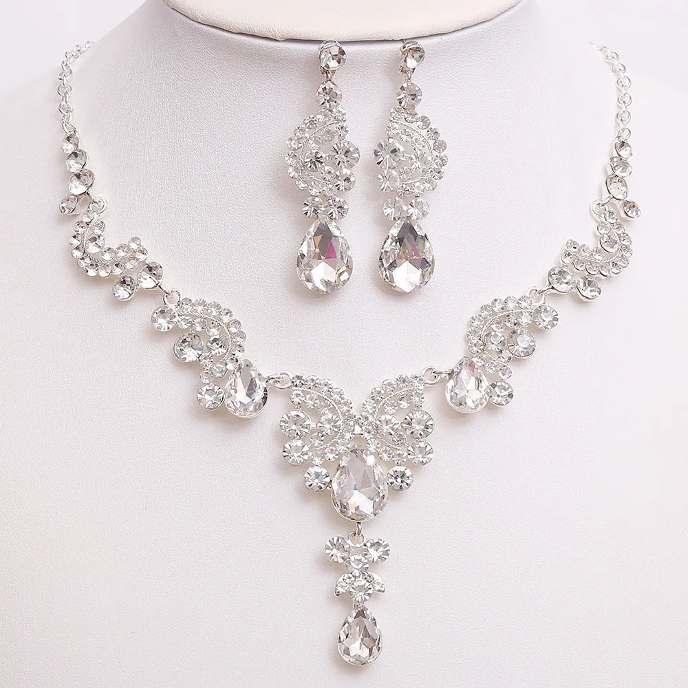 3pcs/set Princess Crown Bridal Jewelry Sets for Girls Water Drop Green Blue Red Crystal Tiaras Necklace Earrings New Jewelry Set