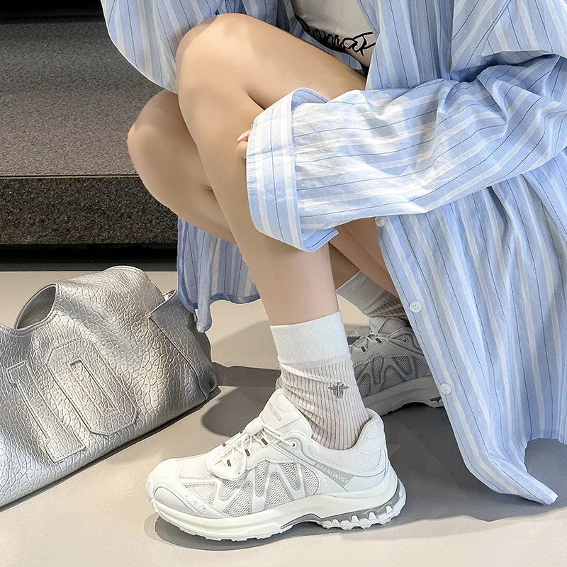 Women's Dad Shoes Thick Sole Heightening 2025 Spring Autumn Pure Color Adult Laced Comfortable Polyurethane Casual Sports Shoes