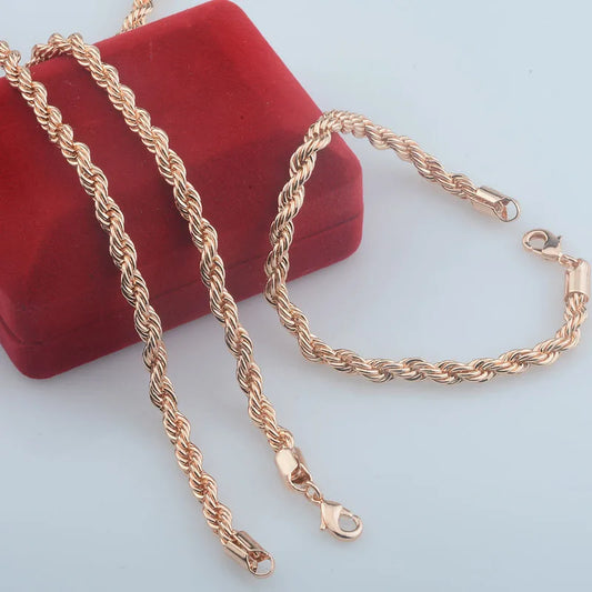5mm Women Men 585 Rose Gold Color Rope Style Necklace Bracelet Set Jewelry