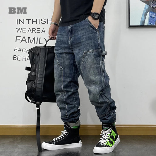 American Fashion Hip Hop Cargo Jeans Streetwear Skateboard Harem Trousers Men Clothing Japanese Harajuku Denim Casual Pants Male - Premium Kiosk