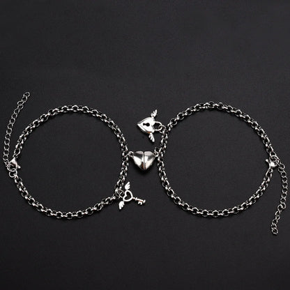 2Pcs/set Magnet Couple Bracelets Heart Attraction Bracelet Stainless Steel Charm Simple Cuban Chains Key Lock Jewelry Gifts