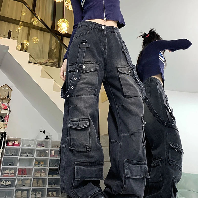 Women's Black  Baggy Cargo Jeans Harajuku Oversize Denim Trousers Y2k 90s Vintage 2000s  Jean Pants Trashy Clothes 2025 - Premium Kiosk