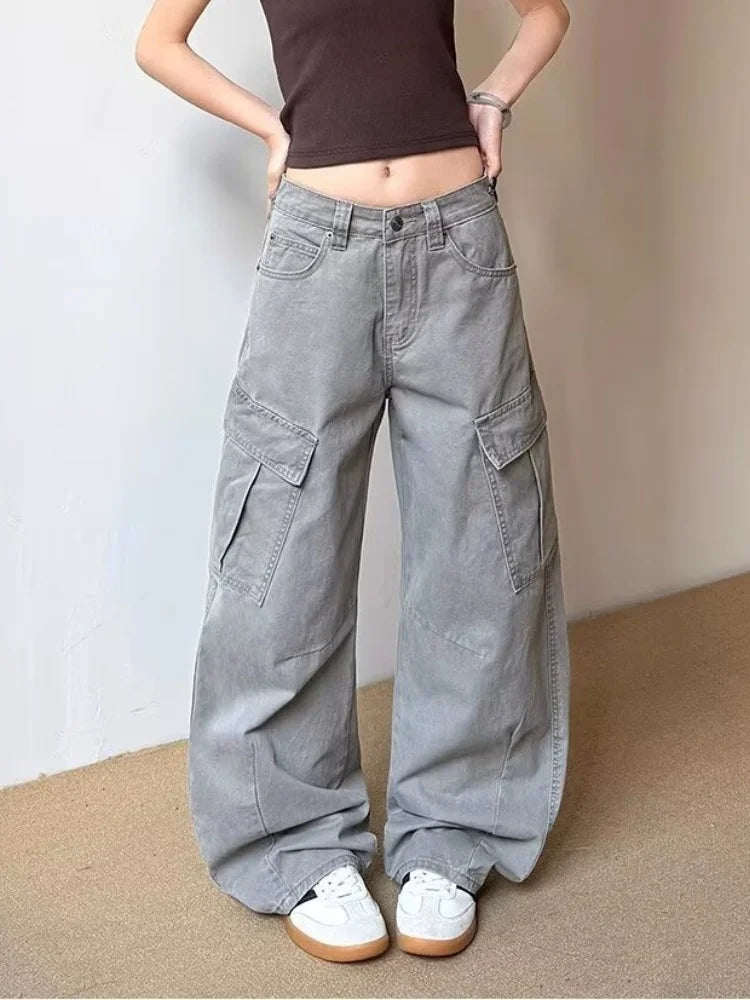 2025 Ropa Y2K Fashion Vintage Grey Baggy Cargo Jeans Pants For Women Clothing Wide Leg Kpop Casual Lady Trousers Pantalon Femme - Premium Kiosk