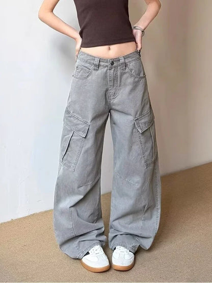 2025 Ropa Y2K Fashion Vintage Grey Baggy Cargo Jeans Pants For Women Clothing Wide Leg Kpop Casual Lady Trousers Pantalon Femme - Premium Kiosk