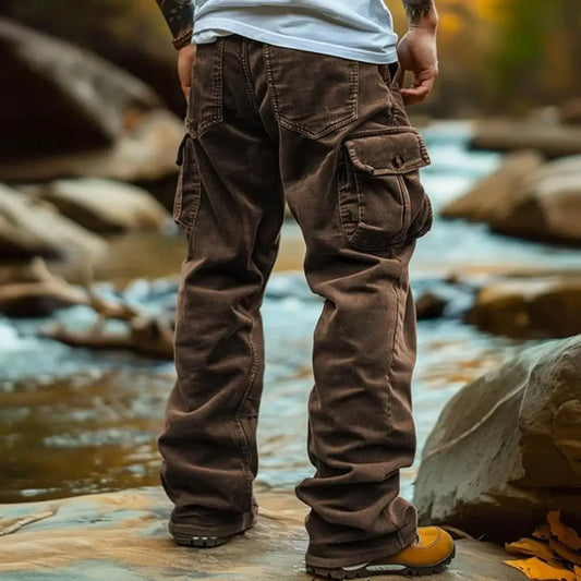 Cargo Pants for Men Retro Style Men's Corduroy Cargo Pants with Multiple Pockets Mid-rise Solid Color Trousers for Wear Long - Premium Kiosk