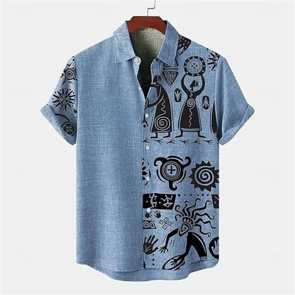 Men's shirt linen summer shirt beachwear blue short sleeved solid color lapel summer casual