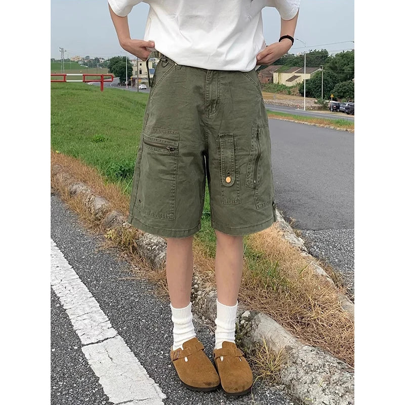 ZHIZOU Women Cargo Short Jeans American Vintage Y2K Straight Streetwear Wide Leg Pants High Waist Summer Knee Length Denim Short - Premium Kiosk