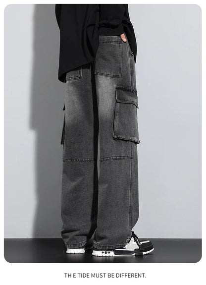 Men's Straight Cargo Jeans New Elastic Waist Multi-pockets Baggy Denim Pants Y2K Fashion Harajuku Streetwear Trousers Male - Premium Kiosk