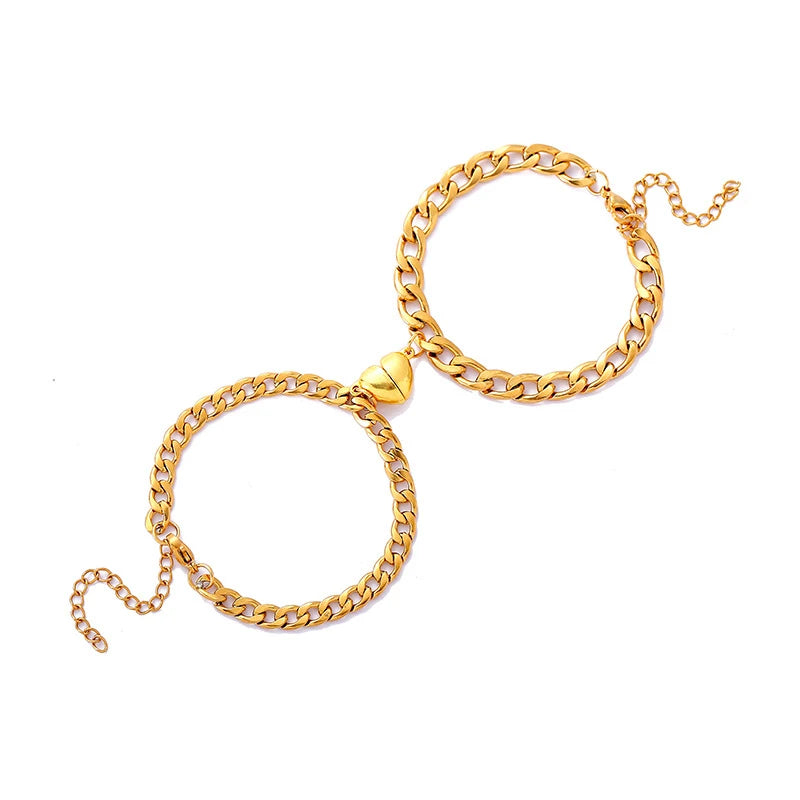 2Pcs/set Magnet Couple Bracelets Heart Attraction Bracelet Stainless Steel Charm Simple Cuban Chains Key Lock Jewelry Gifts