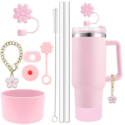 Accessories for Stanley Cup Set of 9, 2 Straw and Brush and 1 Flower Charm Chain 3 Spill Proof Stopper Flowers Straw Cover Boot