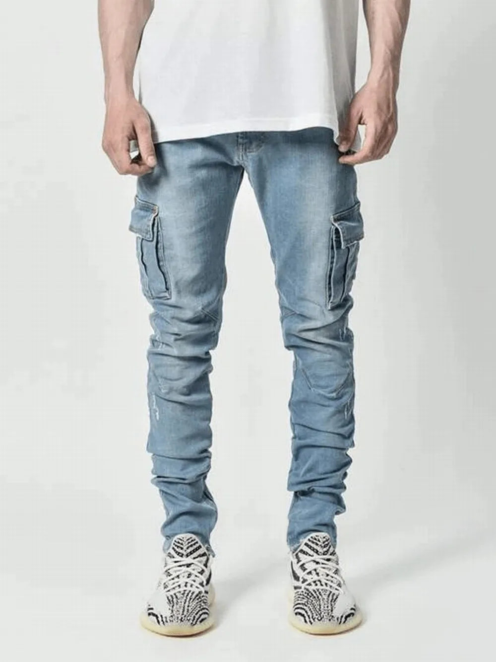 Street Elastic Jeans Men Denim Cargo Pants Wash Solid Color Multi Pockets Casual Mid Waist Trousers Slim Fit Daily Wear Joggers - Premium Kiosk