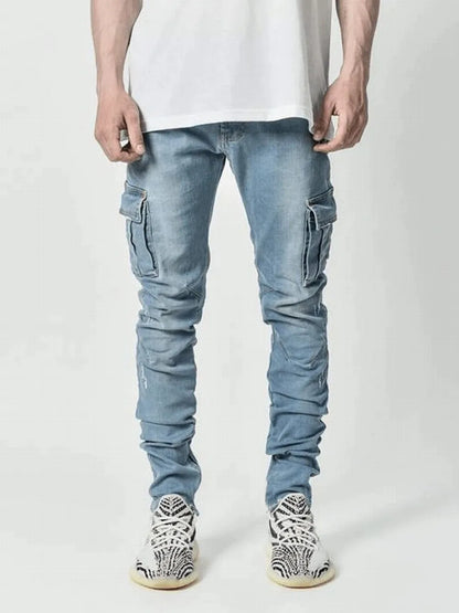 Street Elastic Jeans Men Denim Cargo Pants Wash Solid Color Multi Pockets Casual Mid Waist Trousers Slim Fit Daily Wear Joggers - Premium Kiosk