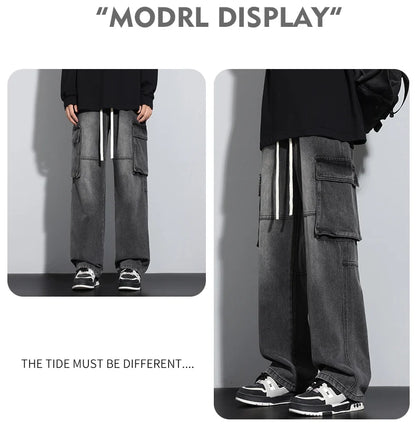 Men's Straight Cargo Jeans New Elastic Waist Multi-pockets Baggy Denim Pants Y2K Fashion Harajuku Streetwear Trousers Male - Premium Kiosk