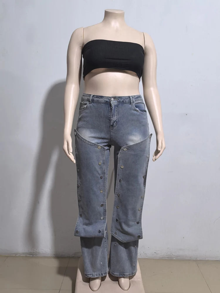 Women Streetwear Button Cutout Cargo Straight Denim Wide Leg Jeans Pants 2024 Elastic INS Fashion Party Cargo Trousers - Premium Kiosk