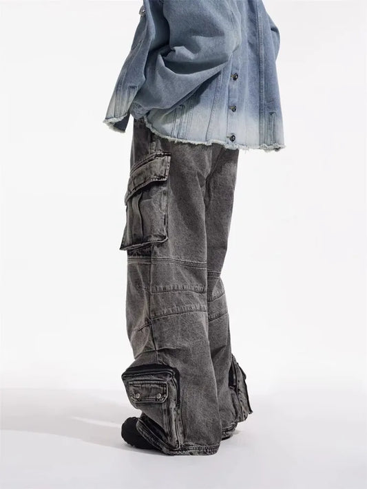 2025 Cyber Y2K Streetwear Washed Grey Baggy Cargo Jeans Pants For Men 90S Vintage Clothes Wide Leg Zipper Gothic Denim Trousers - Premium Kiosk