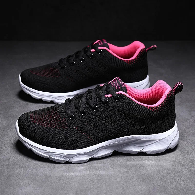 Women's Black Breathable Knitted Sneakers Casual Lace Up Outdoor Walking Shoes Comfortable Fashionable Versatile Tennis Shoes
