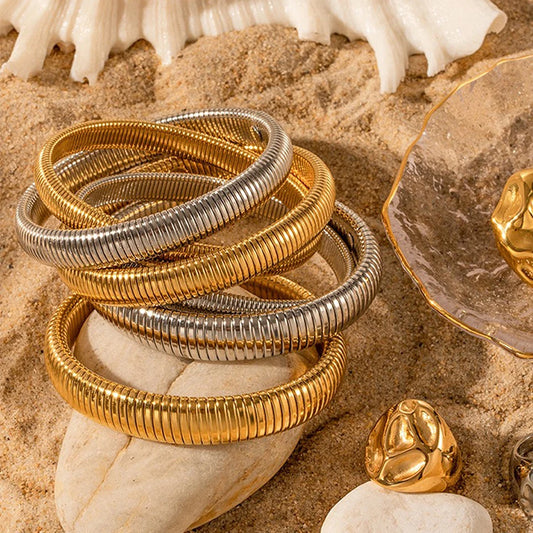 Yupsk Waterproof Stainless Steel Retro Elasticity Thick Metal Polish Bracelet 18K Gold Plated Fashion Jewelry for Men Women