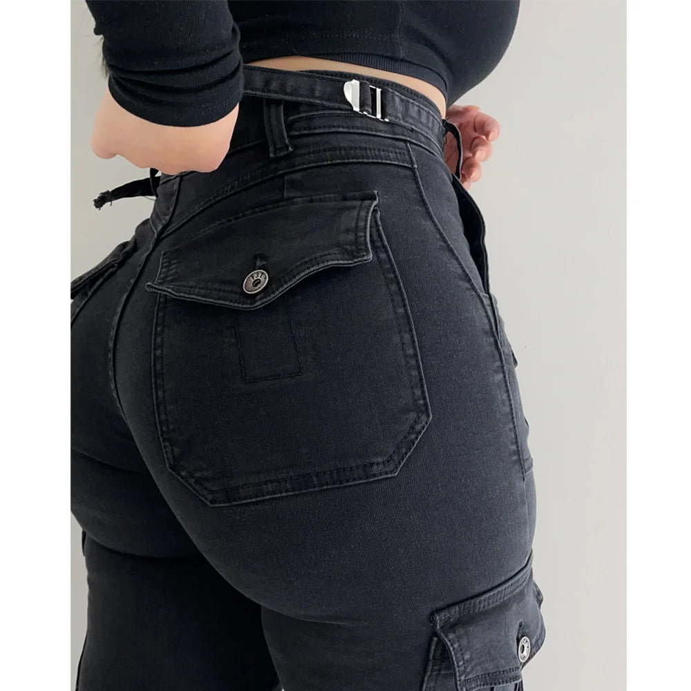 Women Straight Cargo Jeans Women's Streetwear Stretchy High Waisted Jeans Unique Multi-Pocket Female Trousers Pocket Design - Premium Kiosk