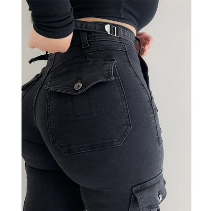 Women Straight Cargo Jeans Women's Streetwear Stretchy High Waisted Jeans Unique Multi-Pocket Female Trousers Pocket Design - Premium Kiosk