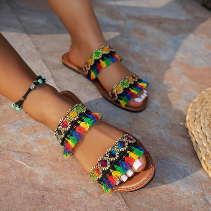 2025 New Women Slippers Casual Comfortable Beach Slippers Bohemia Style Flat Shoes Ladies Outdoor Fashion Sandals Slides Women - Premium Kiosk