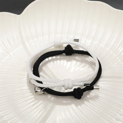 2pcs/Set Rope Braided Bracelet Trendy Alloy Magnet Attachment Couple Bracelet Simple Love Heart Black And White Bracelet Jewelry