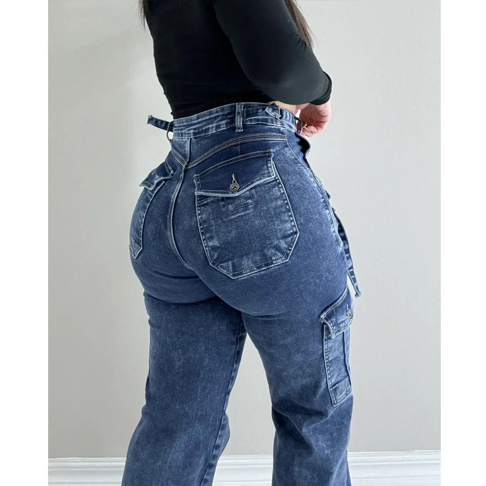 Women Straight Cargo Jeans Women's Streetwear Stretchy High Waisted Jeans Unique Multi-Pocket Female Trousers Pocket Design - Premium Kiosk