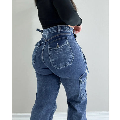 Women Straight Cargo Jeans Women's Streetwear Stretchy High Waisted Jeans Unique Multi-Pocket Female Trousers Pocket Design - Premium Kiosk