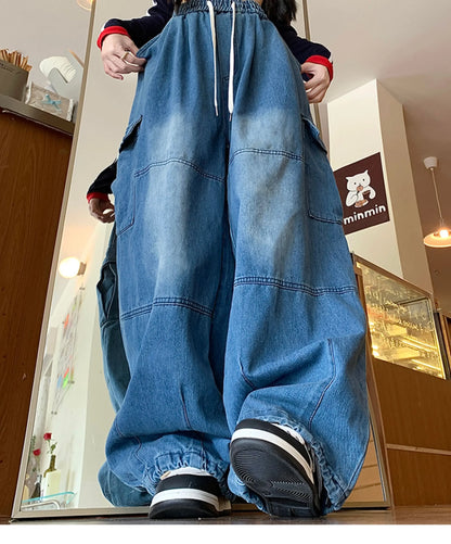 Cargo Jean Loose Wide Leg Workwear Jeans Elastic Waist Men and Women Spring Autumn Faion Brand Waed Out Trousers Straight Cut