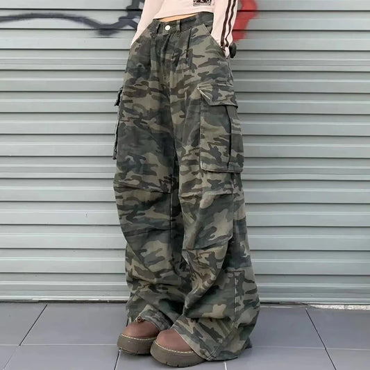 Women Y2K Camouflage Cargo Jeans Vintage High Waist Hip Hop Wide Leg Pants Female Street Wear Baggy Straight Denim Trouser - Premium Kiosk