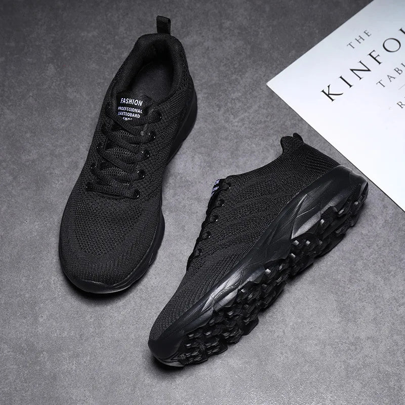 Women's Black Breathable Knitted Sneakers Casual Lace Up Outdoor Walking Shoes Comfortable Fashionable Versatile Tennis Shoes