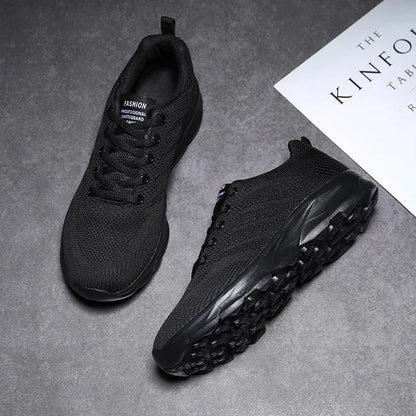 Women's Black Breathable Knitted Sneakers Casual Lace Up Outdoor Walking Shoes Comfortable Fashionable Versatile Tennis Shoes