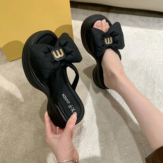 Women Slippers 2025 New Summer Casual Shoes Versatile Thick Sole Sandals Women Outwear Bow Beach Slippers Sexy Slides Women - Premium Kiosk
