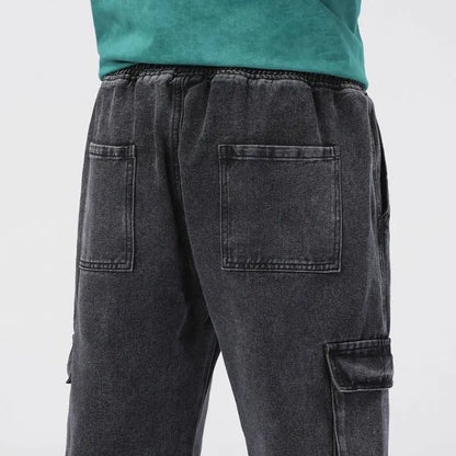 Men's Baggy Straight Cargo Jeans Elastic Waist Drawstring Casual Pants High Street Fashion Vintage Trousers Male Trendy Brand