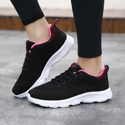 Women's Black Breathable Knitted Sneakers Casual Lace Up Outdoor Walking Shoes Comfortable Fashionable Versatile Tennis Shoes