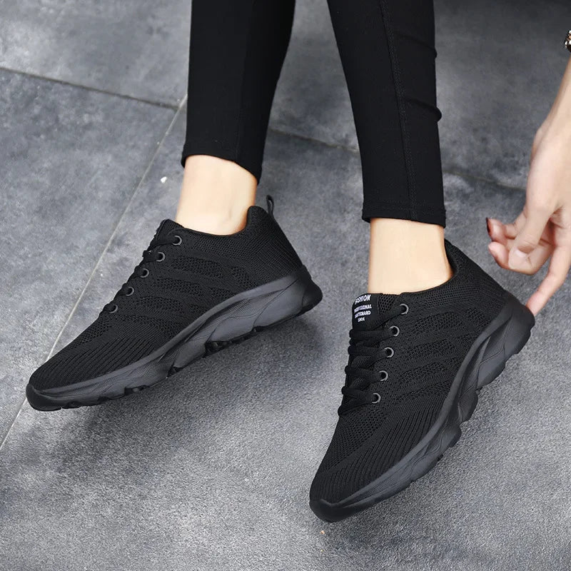 Women's Black Breathable Knitted Sneakers Casual Lace Up Outdoor Walking Shoes Comfortable Fashionable Versatile Tennis Shoes
