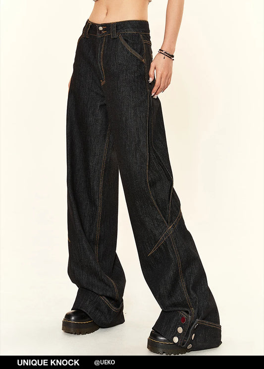 Women Black Gothic Cargo Jeans Harajuku Y2k Vintage Baggy Denim Trousers 90s Aesthetic Wide Jean Pants 2000s Trashy Clothes 2024 - Premium Kiosk