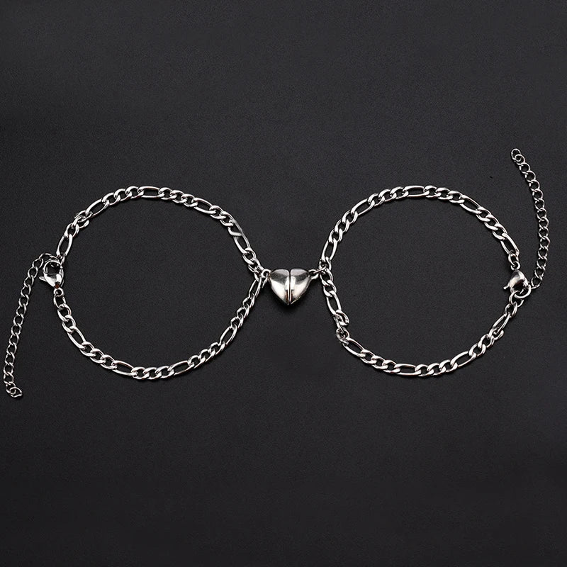 2Pcs/set Magnet Couple Bracelets Heart Attraction Bracelet Stainless Steel Charm Simple Cuban Chains Key Lock Jewelry Gifts