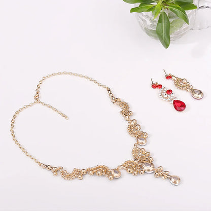 3pcs/set Princess Crown Bridal Jewelry Sets for Girls Water Drop Green Blue Red Crystal Tiaras Necklace Earrings New Jewelry Set