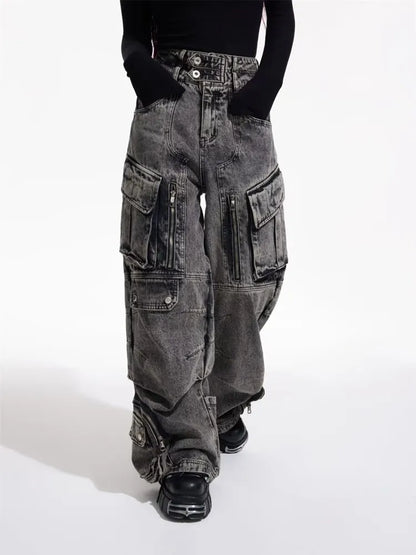 2025 Cyber Y2K Streetwear Washed Grey Baggy Cargo Jeans Pants For Men 90S Vintage Clothes Wide Leg Zipper Gothic Denim Trousers - Premium Kiosk