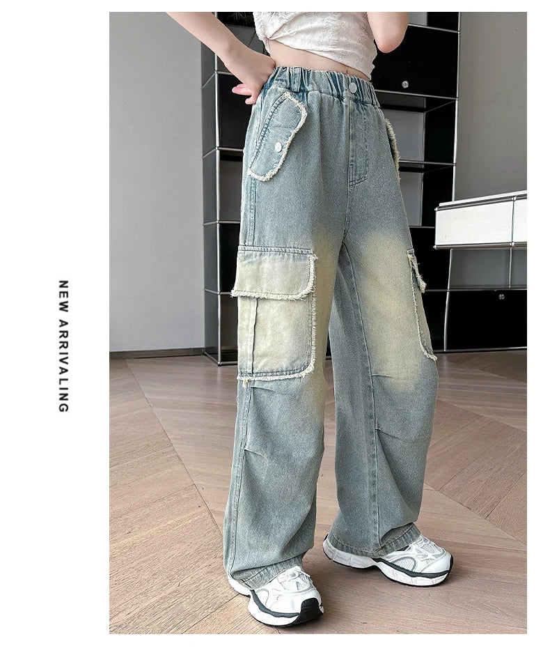 4-14 teen girls Jeans Summer Kids Cargo Pants Fashion casual versatile gradient Side Big Pocket Soft Thin denim wide leg pants - Premium Kiosk