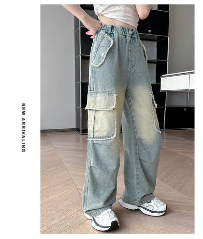 4-14 teen girls Jeans Summer Kids Cargo Pants Fashion casual versatile gradient Side Big Pocket Soft Thin denim wide leg pants - Premium Kiosk