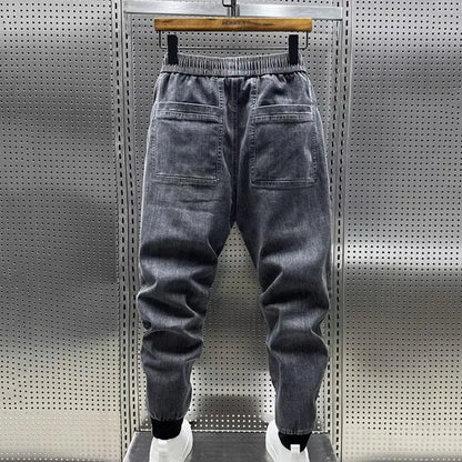 Elastic Waist Jeans Men's Elastic Drawstring Waist Denim Cargo Pants With Pockets Solid Color Harem Trousers For Spring Autumn - Premium Kiosk