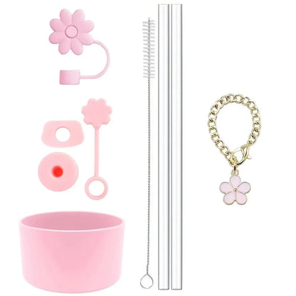 Accessories for Stanley Cup Set of 9, 2 Straw and Brush and 1 Flower Charm Chain 3 Spill Proof Stopper Flowers Straw Cover Boot
