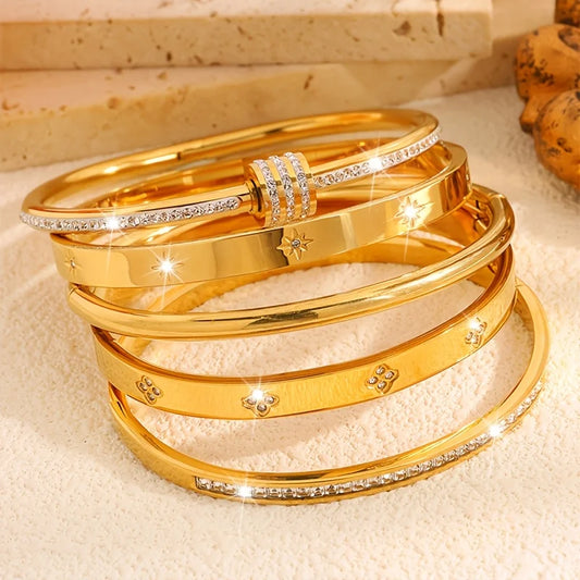 5-piece Women Bracelet Set - 18k Gold Plated Stainless Steel With Sparkling Rhinestone Embellishments Stackable Fashion Jewelry