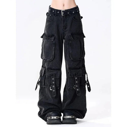 Y2K 2000S Black Cargo Jeans Women Vintage Streetwear Wide Leg Denim Pants Harajuku Aesthetic High Waist Baggy Straight Trousers - Premium Kiosk