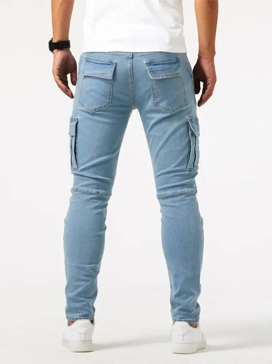 2025 Street Elastic Jeans Men Denim Cargo Pants Wash Solid Color Multi Pockets Casual Mid Waist Trousers Slim Daily Wear Joggers - Premium Kiosk