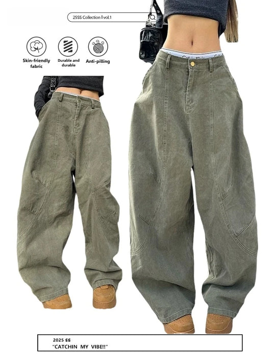 Women's Y2K Vintage Wash Cargo Jeans Harajuku Scimitar Wide Leg American Retro Denim Pants Baggy Trousers Gyaru Streetwear - Premium Kiosk