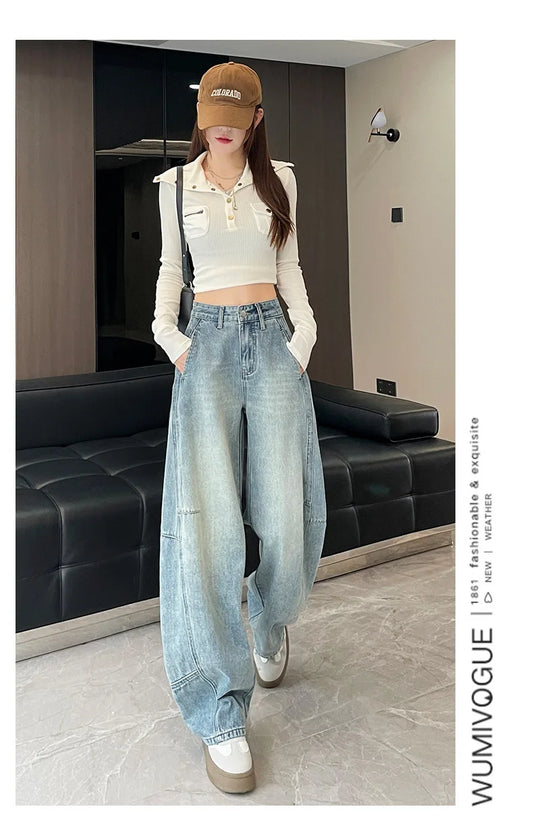 American Design Sense of Cargo Floor-length Jeans, Women's Spring and Autumn New Fashion Loose Denim High Waist Wide-leg Pants - Premium Kiosk